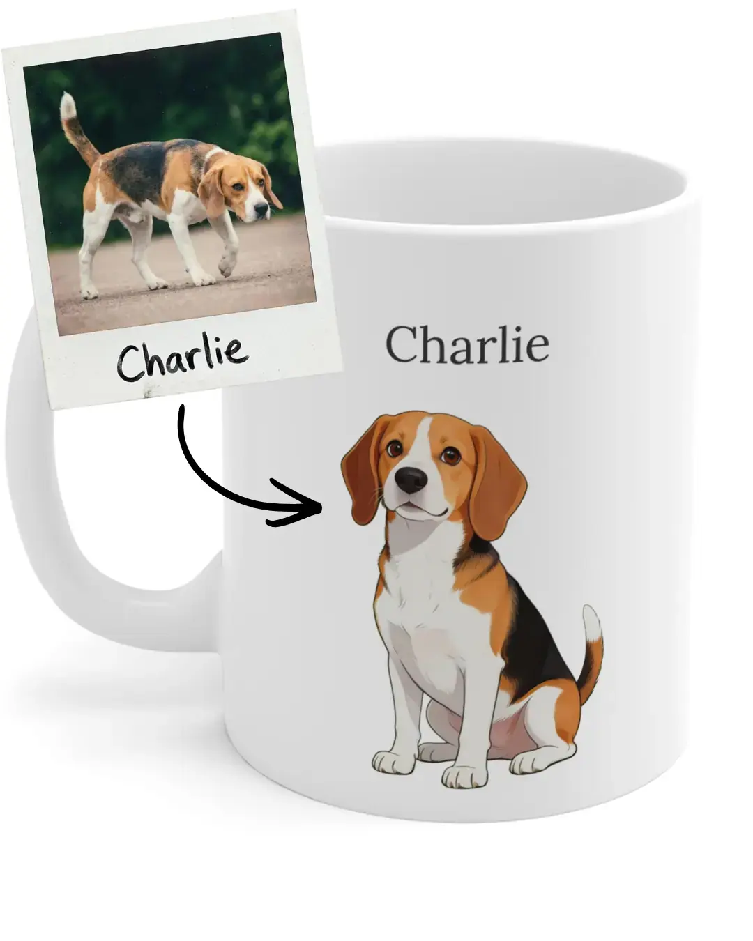 Personalised pet portrait mug — dog photo on white ceramic