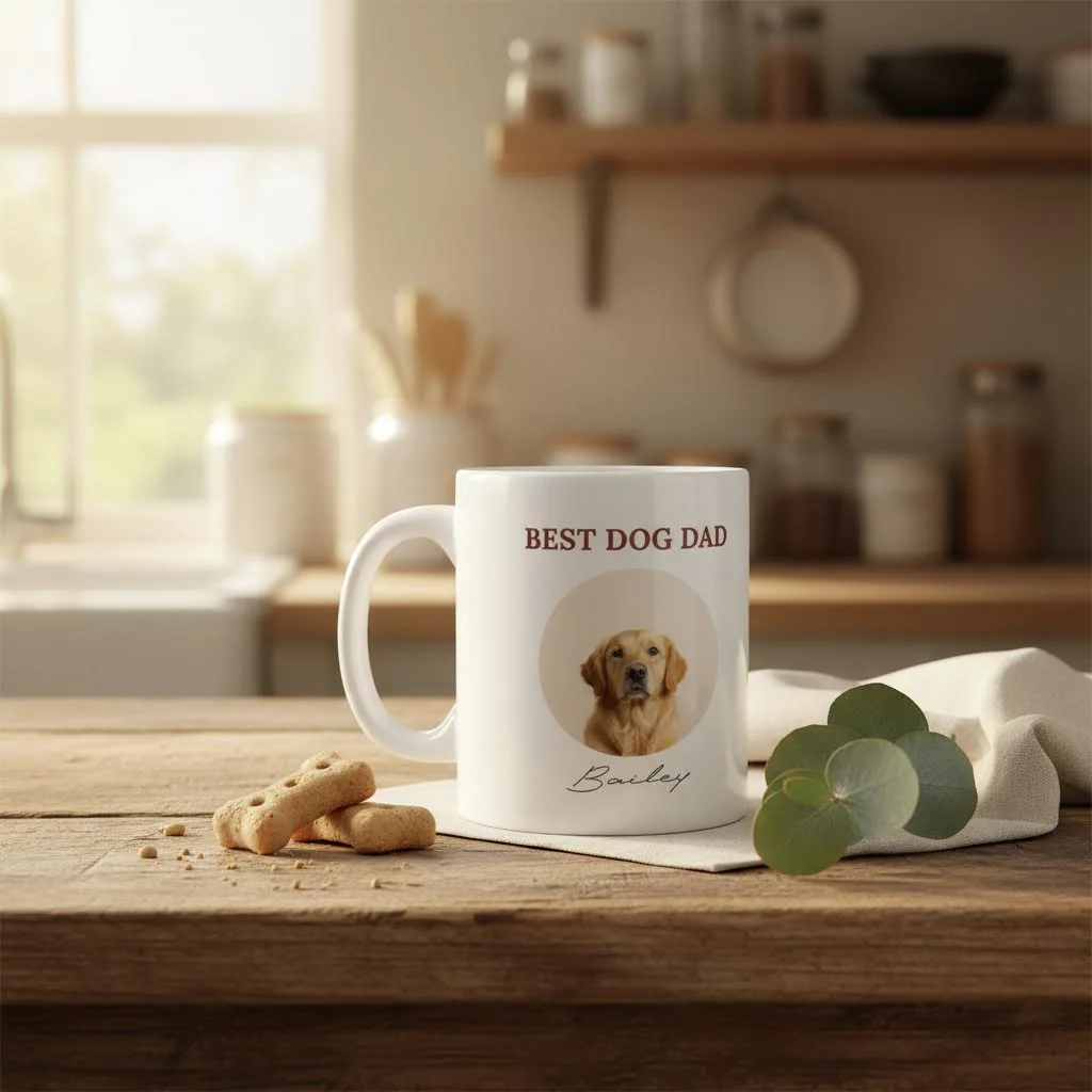 Best Dog Dad Mug shown in a country kitchen