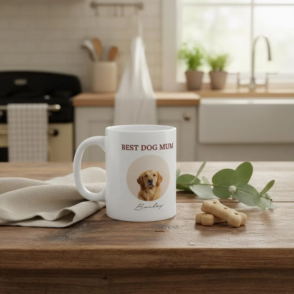 Best Dog Mum Mug shown in a country kitchen