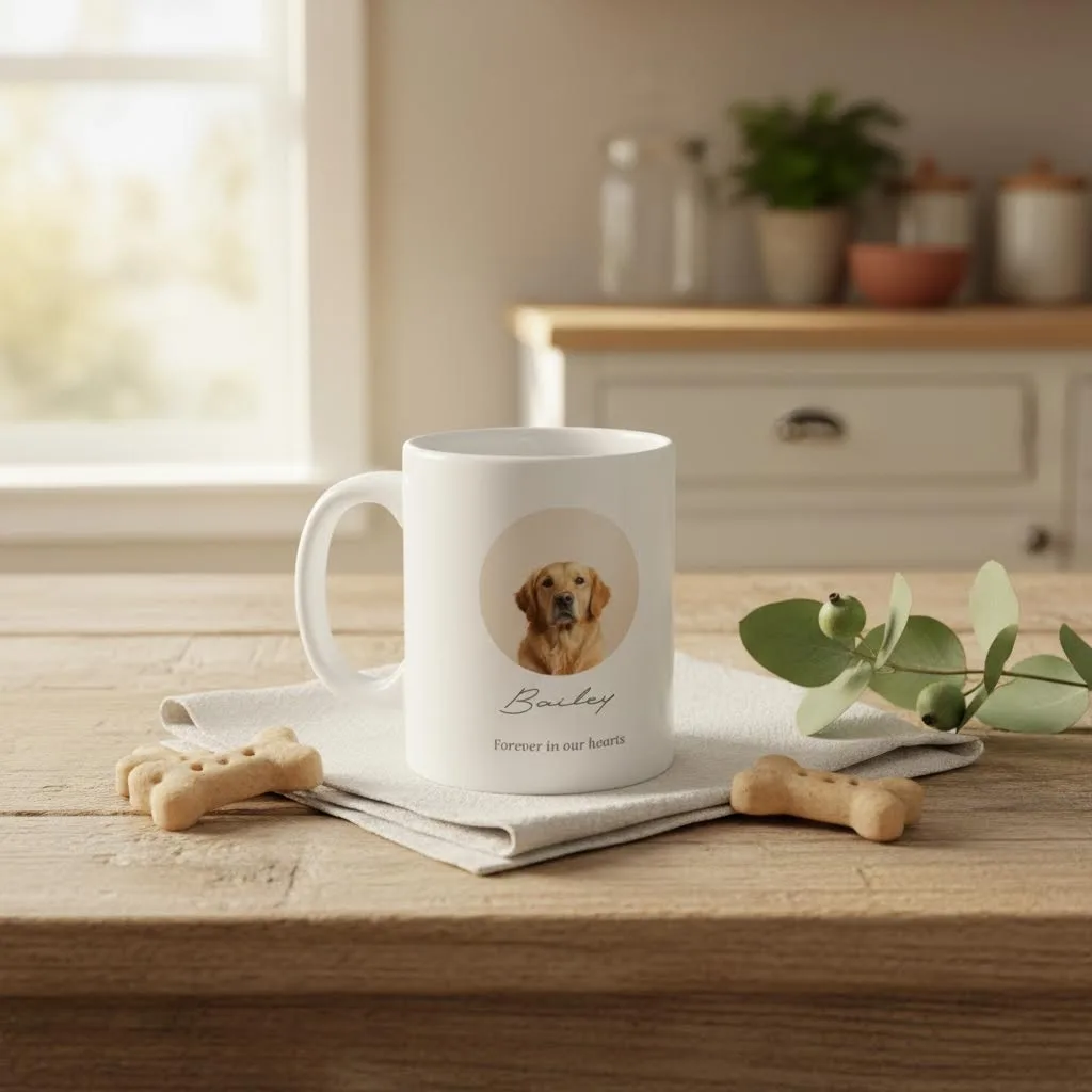 Dog Memorial Mug shown in a country kitchen