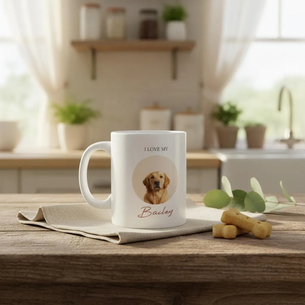 I Love My Dog Photo Mug shown in a country kitchen