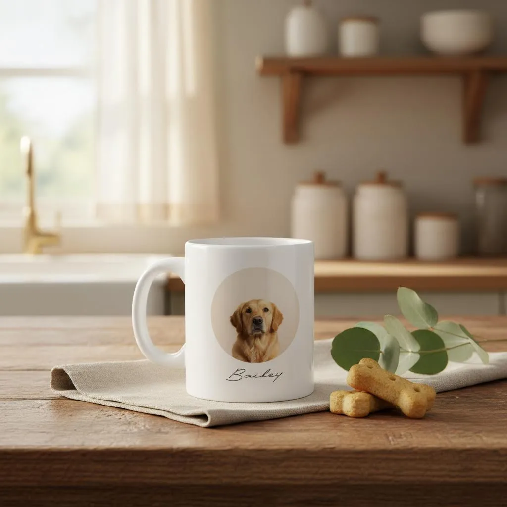 Personalised Dog Photo Mug shown in a country kitchen